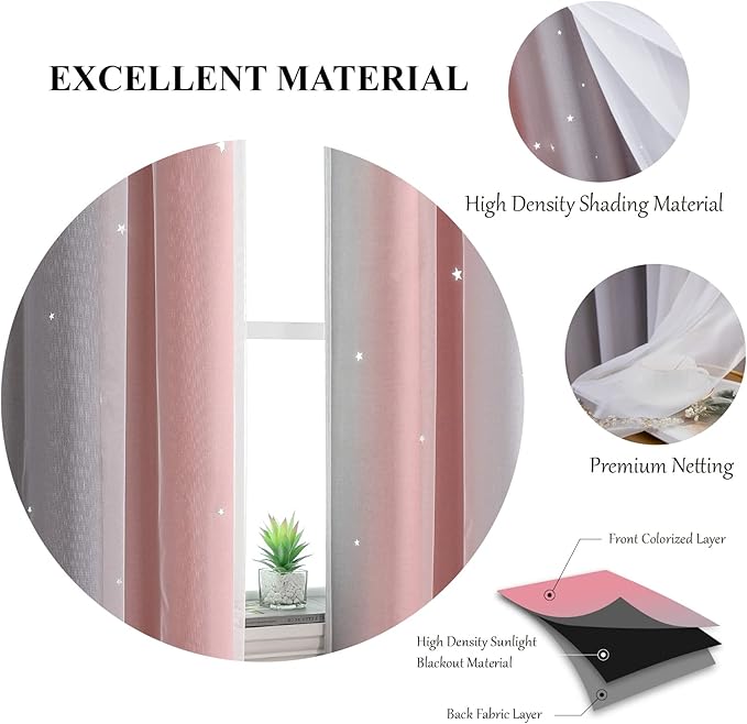 Star Blackout Curtains for Bedroom - Cute Kids Rainbow Curtains, 108 Inch Long 2 Panels, Pink & Grey
