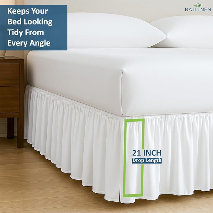Rajlinen Ruffled Bed Skirt Queen, 21 Inch Drop Dust Ruffle with Split Corners, 100% Microfiber Bedskirt with Platform, Three-Sided Coverage Ruffled Gathering Design, White