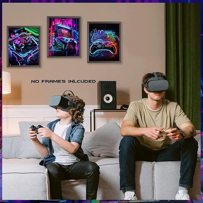 Game Room Decor Posters Set of 3 - Neon Gaming Accessories Theme Canvas Wall Art, Gamer Console Paintings Picture Wall Decor for Children Youth Boys Bedroom 16x24 inch Unframed