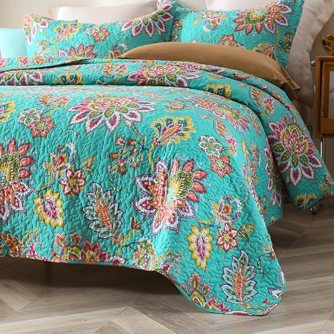 Cotton Bedspread Quilt Sets Reversible Bedding Coverlet Sets Comforter Paisley Floral Bedspread (Green Vintage Floral, Queen Size)