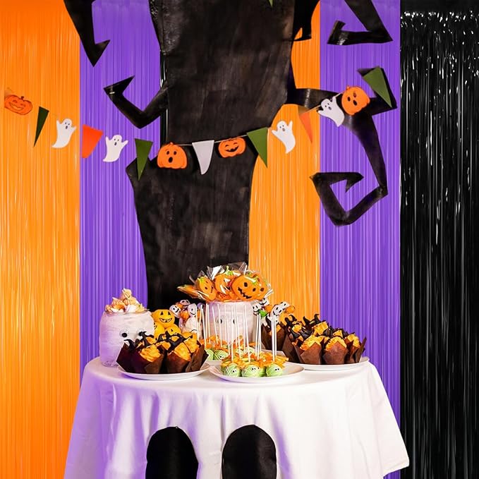 GOER 3.2 ft x 8.2 ft Metallic Tinsel Foil Fringe Party Backdrop for Halloween Birthday Graduation New Year's Party Decorations(4 Packs,Black&Orange&Purple)