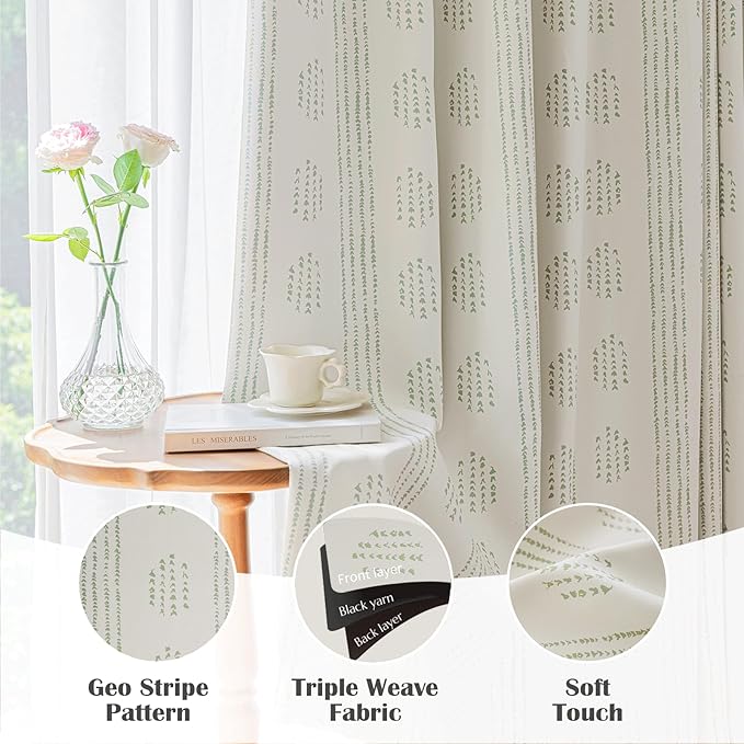 100% Boho Blackout Curtains 63 Inches Long for Bedroom, Green on Beige Patterned Bohemian Curtains for Living Room, Geometric Striped Thermal Insulated Window Drapes Gromment Top 2 Panels