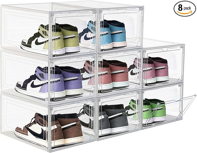 8 Pack Shoes Box Sneaker Display Case Size 13 Plastic Shoe Organizer for Closet Space-Saving Foldable Shoe Rack Sneaker Container Bin Holder
