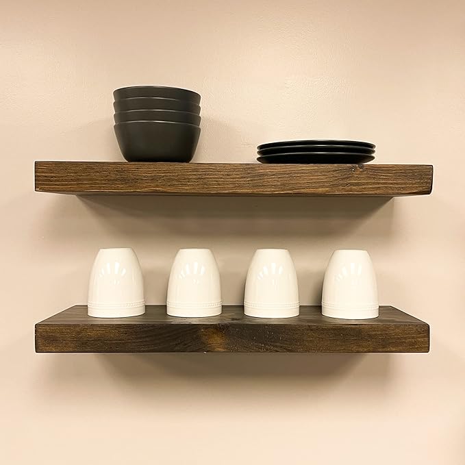 URBANDI, Rustic Floating Shelves, Set of 2, Hidden Bracket, Solid Wood, Heavy Duty, Wall Mounted Shelves, (Dark Brown, 36Wx8D)