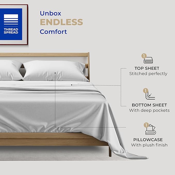THREAD SPREAD Twin XL Sheets Set Egyptian Cotton - 400 Thread Count 100% Cotton Twin XL Sheet Set, 3 PC Twin XL Sheet, Cooling & Luxury Sateen Sheets, 16" Deep Pocket Extra Soft Cotton Sheets (Silver)