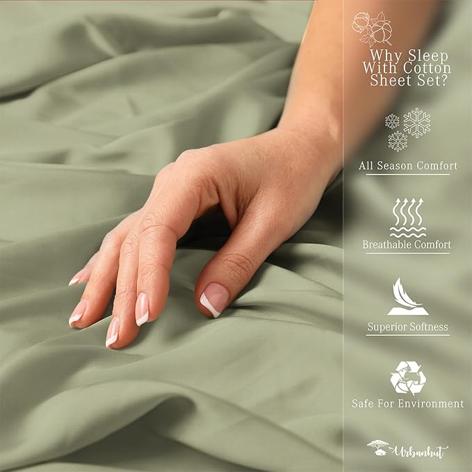 URBANHUT 800 Thread Count 100% Cotton Twin Size Sheets, Luxury 4 Piece Twin Bedsheets, Hotel Sheets Sateen Finish - Better Than Egyptian, 14" Elasticized Deep Pocket - Sage