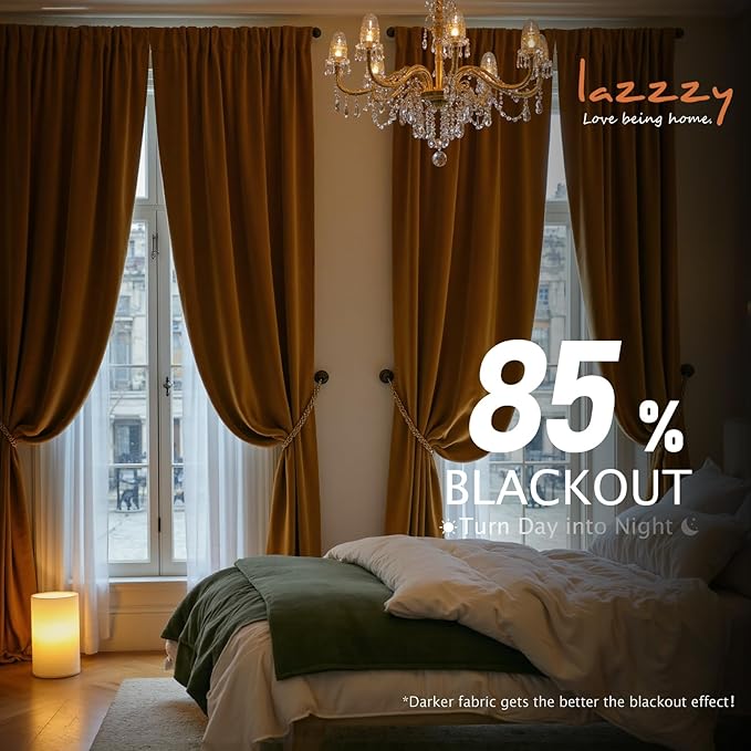 Lazzzy Velvet Blackout Curtains Thermal Insulated Room Window Drapes Super Soft Luxury Curtains for Living Room Bedroom Rod Pocket 2 Panels, Gold Brown, 62" W x 120" L