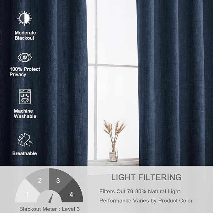 Jacquard Linen Curtains 63 inch Length 2 Panels Thick Faux Linen Blended Window Drapes Burlap Textured Curtains with Grommet for Living Room Bedroom Farmhouse (42x63 Navy) Natural