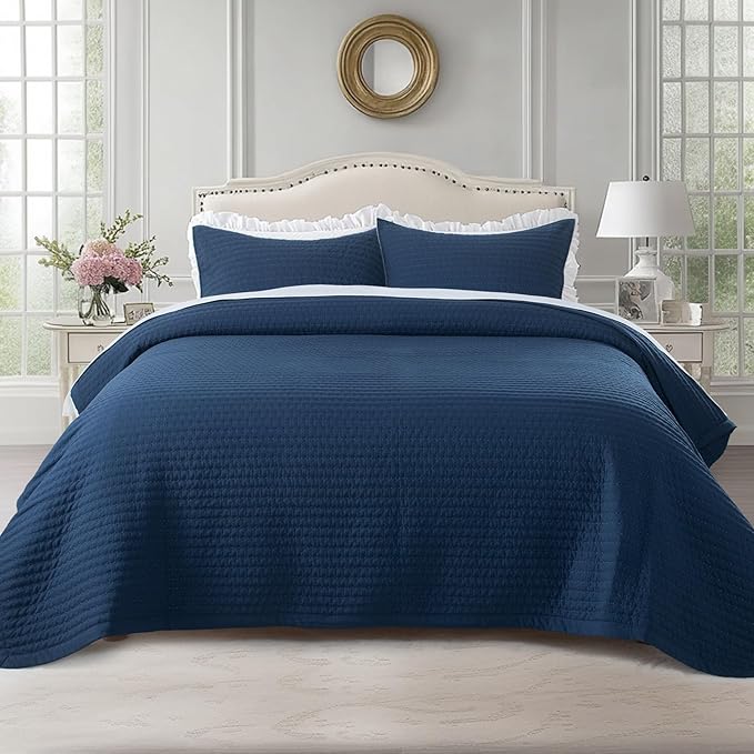 KASENTEX Queen XL Quilt Set 98"x98" – Soft Washed 3-Layer Lightweight Bedspread, Minimalist Nordic Design, All-Season Spring & Summer Quilt Set (1 Quilt + 2 Pillow Shams),Dress Dark Blue