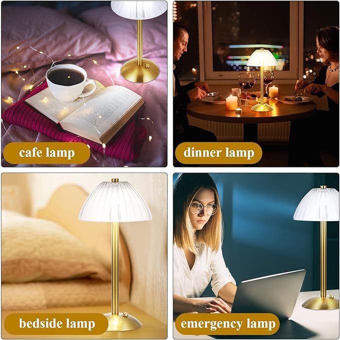Liliful 8 Pcs Cordless Table Lamp Rechargeable Touch LED Small Gold Portable Battery Operated USB-c Desk Lamp 3 Color Dimmable for Bedroom Living Room Dining (Gold,Mushroom Style)
