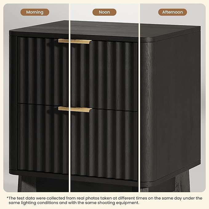 Fluted Nightstand,Modern End Table with Metal Handle,2 Storage Drawers Side Table,Bedside Table for Bedroom,Wood Nightstands,Curved Profile Design Furnitue,Black