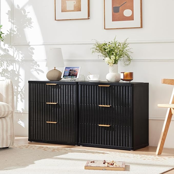 LEYAOYAO 48" Wide Fluted Dresser and 3 Drawers 23" Nightstand Set of 2, Wooden Dresser & Night Stand with Charging Station, 3 Piece Bedroom Furniture Set, Wood Chest of Drawer for Living Room,Black