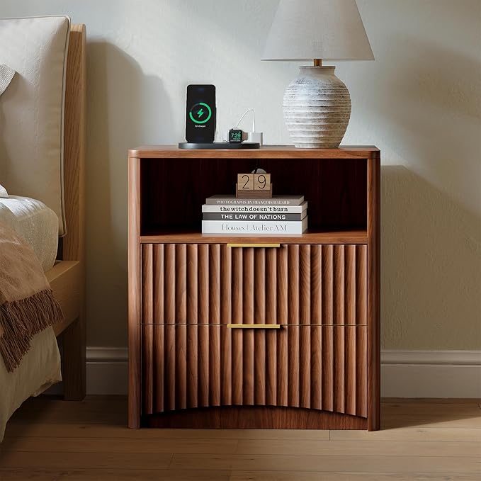 Evermagin Fluted Nightstand with Charging Station, Walnut Bedside Table with 2 Drawers, Wood End Table with Storage Mid Century Modern, Large Night Stand for Bedroom