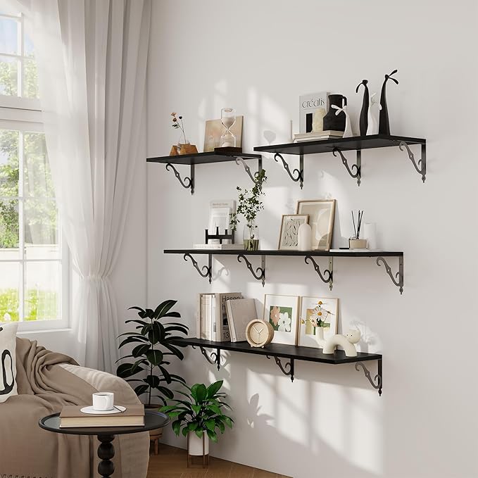 Dreamland Deep Floating Shelves, 55" W x 12" D Wall Shelves Set of 2, Wide Display Shelf Wall Mounted with Brackets, Bookshelf for Living Room, Bathroom, Bedroom, Black