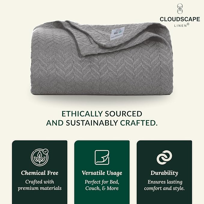 Cloud Scape Linen 100% Cotton Throw Blanket 50x70 Sharkskin, Luxury All-Season Warmth, Ultra Soft, Oversized Herringbone Gauze Blanket for Winter, Bed, Couch & Sofa Decor, Best Gift Idea