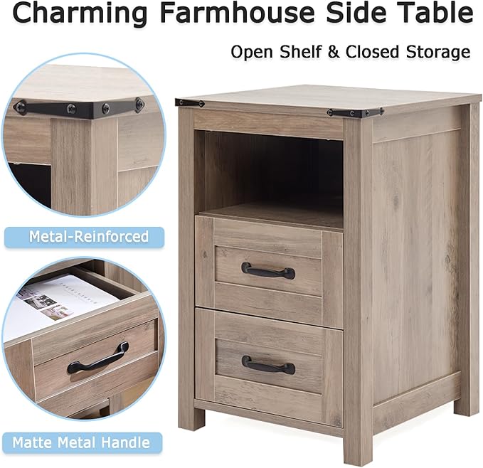 Sierra Rustic Night Stand Set of 2, Farmhouse End Table, Modern Bedside Table with 2 Storage Drawers and Open Shelf, Tall Nightstand for Bedroom