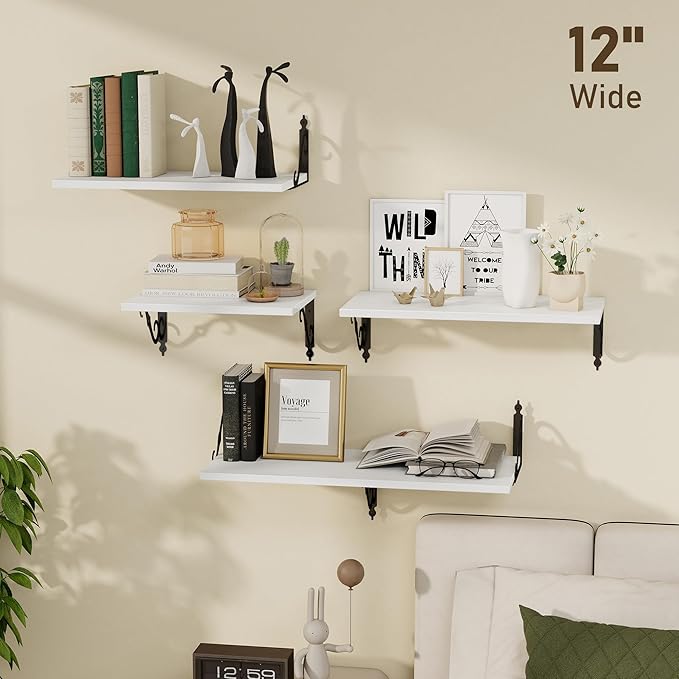 Dreamland Deep Floating Shelves, 36" W x 12" D Wall Shelves Set of 2, Wide Display Shelf Wall Mounted with Brackets, Bookshelf for Living Room, Bathroom, Bedroom, White