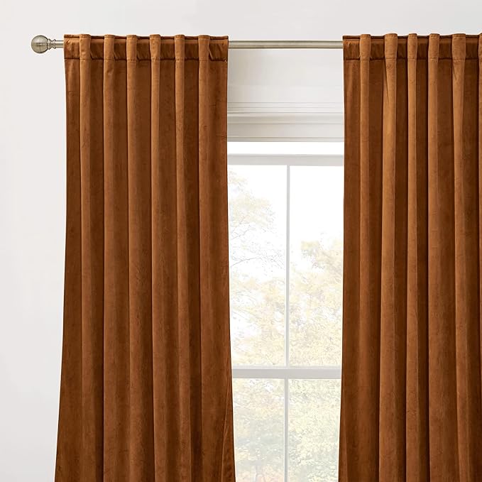 RYB Home Plush Velvet Curtains, Heavy Duty Back Tab Decorative Window Drapes Privacy Room Darkening Covering for Living Room Playroom, Golden Oak, W52 x L120 inches, Set of 2 Panels