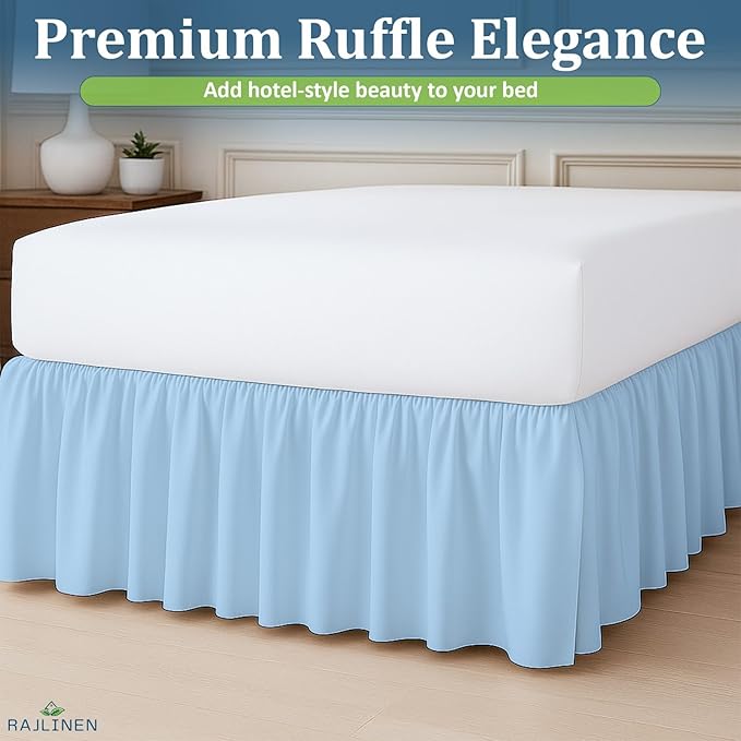 Rajlinen Ruffled Bed Skirt California King, 16 Inch Drop Dust Ruffle with Split Corners, 100% Microfiber Bedskirt with Platform, Three-Sided Coverage Ruffled Gathering Design, Light Blue