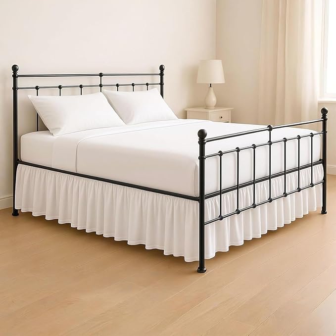 KRISHNA Ruffled Bed Skirt with Split Corners King, 100% Microfiber Hotel Quality, 21 Inch Drop Dust Ruffle Gathered Bedskirt with Platform, 78" x 80", Dark Grey Stripe