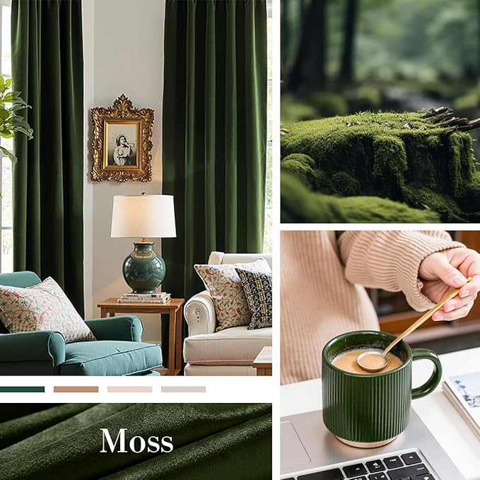 Lazzzy Velvet Blackout Curtains Thermal Insulated Room Window Drapes Super Soft Luxury Curtains for Living Room Bedroom Rod Pocket 2 Panels, Moss, 52" W x 120" L