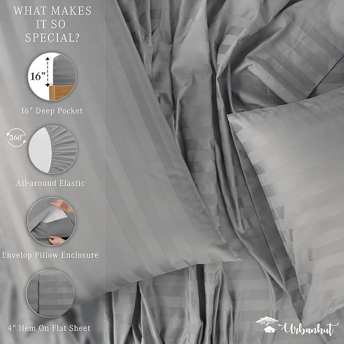 URBANHUT 800 Thread Count 100% Cotton Damask King Size Sheets, 4 Piece Striped King Size Bedsheets, Luxury Hotel Sheets Sateen Weave - Better Than Egyptian, 16" Elasticized Deep Pocket- Dark Grey