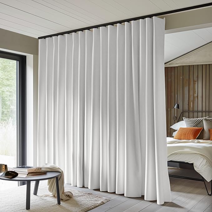 Room Divider Curtains Total Blackout Privacy Curtain Panel Room Thermal Insulated Noise Reduction Curtains for Bedroom Window Living Room Ceiling Track Curtain W 8.3 ft × H 9 ft White