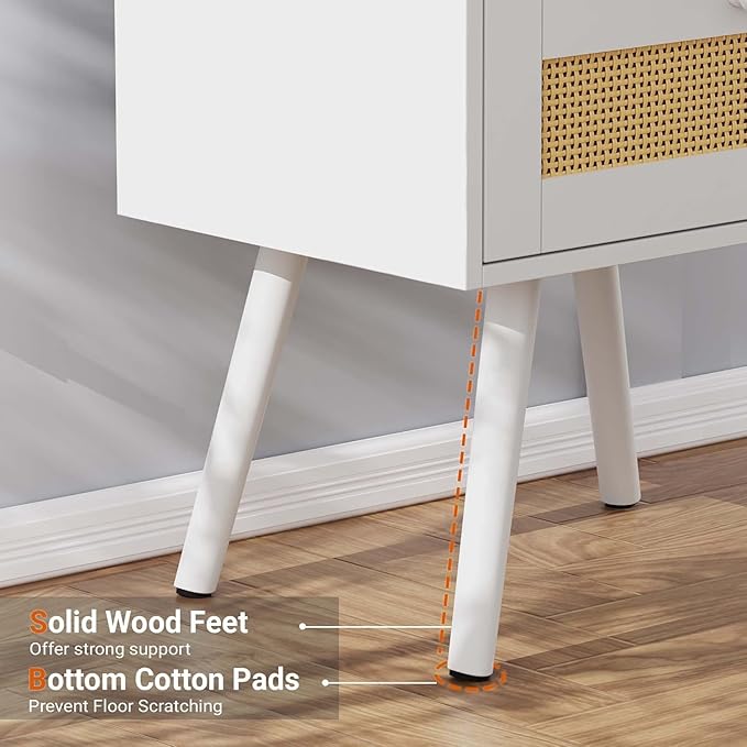 SUPERJARE Nightstand with Charging Station & Rattan-Like Decor Drawer, Rattan End Table with Solid Wood Feet, Bed Side Table with Open Storage, for Bedroom, Living Room, Dormitory - White