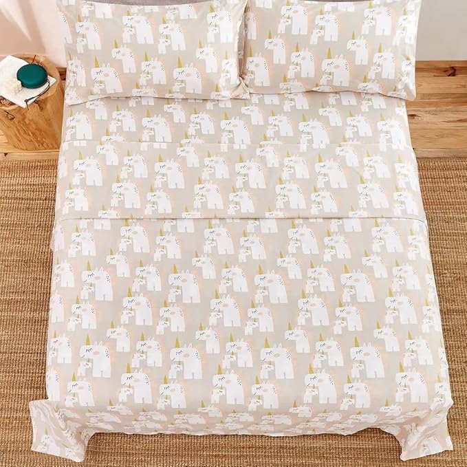 JSD Pink Unicorn Kids Sheet Set Full Size, 4 Piece Girls Printed Microfiber Bed Sheets Deep Pocket