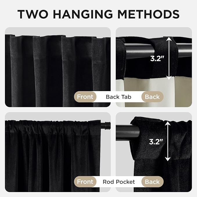 Joydeco Black 100% Blackout Curtains 102 Inch 2 Panels, Luxury Thermal Insulated Black Velvet Curtains for Bedroom Living Room, Soundproof Blackout Window Drapes, Rod Pocket & Back Tab (42W x 102L)