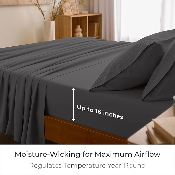 Mellanni Queen Sheet Set - 6-Piece Iconic Collection Bedding, (Including 4 Pillowcases), 16-Inch Deep Pocket, Easy Care, Extra Soft, Cooling Sheets, Brushed Microfiber - Gray