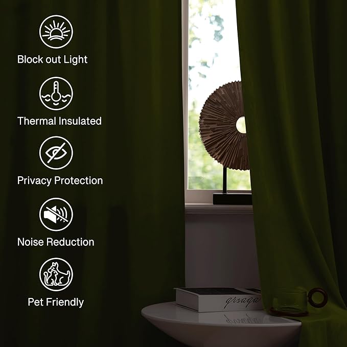 StangH Olive Green Velvet Curtains Elegant Thermal Insulated Light Blocking Drapes for Office, Heavy Soft Curtains for Bedroom, Rich Earthy Tone Christmas Decor, W52 x L92, 2 Panels