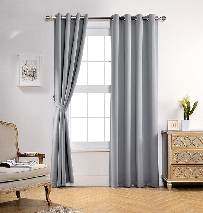 MIUCO 1 Pair Thermal Insulated Grommet 52-Inch-by-95-Inch Blackout Window Curtain Panels with 2 Tie Backs, Silver