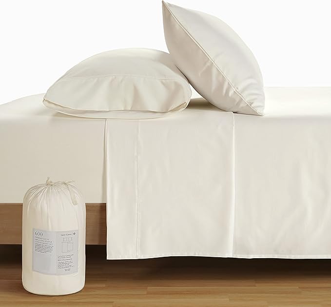LANE LINEN 600 Thread Count Twin XL Sheets Set - 100% Cotton Bed Sheets Set Twin XL Size - Fully Elasticized Machine wash Sheets Set Twin XL Size, Deep Pocket Bedding Sheets & Pillowcases Set - Ivory