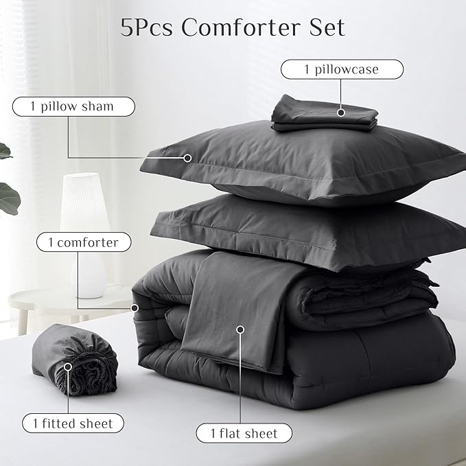 JOLLYVOGUE Twin XL Comforter Set, Ultra-Soft Bed in a Bag Twin XL Size 5 Pieces, Oeko-TEX Certified Bedding Set with Down Alternative Comforter, Sheets, Pillowcases & Shams, Dark Grey