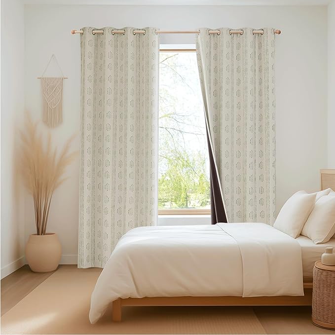 100% Boho Blackout Curtains 96 Inches Long for Bedroom, Green on Beige Patterned Bohemian Curtains for Living Room, Geometric Striped Thermal Insulated Window Drapes Gromment Top 2 Panels
