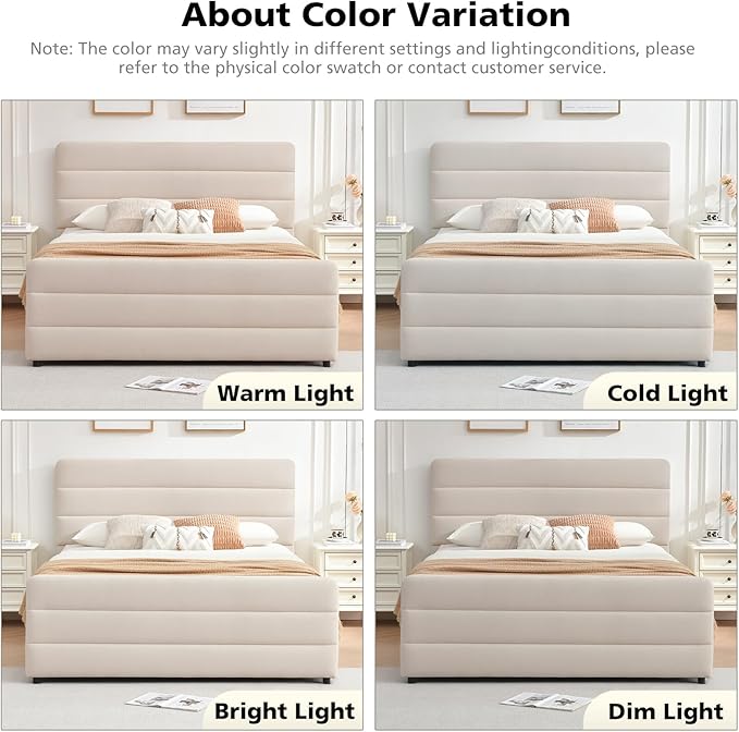 VELOCAVA Full Size Upholstered Platform Bed Frame with Storage Drawers, Tall Headboard and Footboard, Modern Fabric Bed with Slatted Support, No Box Spring Needed, Space-Saving Design for Bedroom