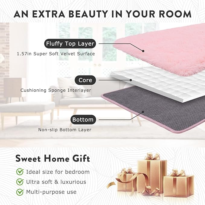 Fluffy Pink Rug for Bedroom Girls, 5x7 Soft Fuzzy Plush Shag Area Rug for Living Room, Cute Comfy Throw Rug for Kids, Non-Slip Indoor Shaggy Floor Carpet for Nursery Teen Dorms Home Decor Aesthetic