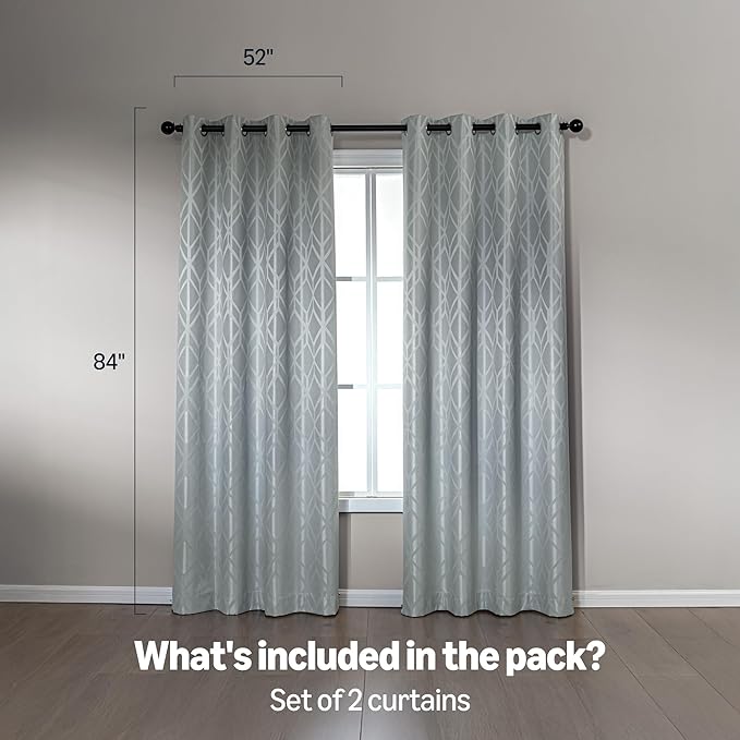Amazon Basics Jacquard 2-Piece 100% Blackout Curtains, Living Room and Bedroom Drapes, Thermal Insulated Window Treatment, 52"x84", Light Grey