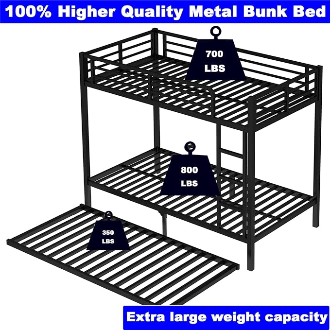 Upgraded Version Thicken Heavy Duty Metal Twin XL Bunk Bed with Twin Size Trundle, Modern Style Stronger Bunk Bed Frame for Adults, Easy Assembly (Twin XL)