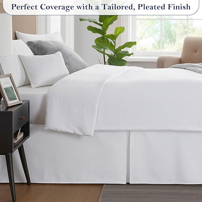 Twin Bed Skirt, Luxury 21 Inch Drop White Pleated Bed Skirt, Double Brushed Microfiber, Box Pleat Design, Wrinkle & Fade Resistant, Easy Fit Tailored Bedskirt for Twin Size Beds