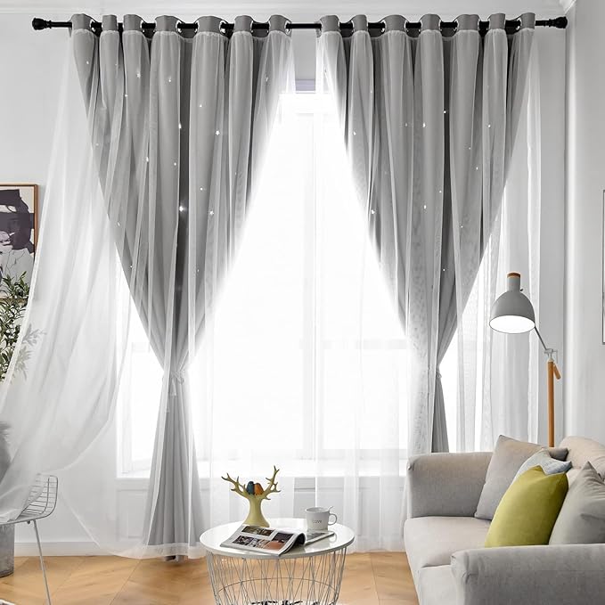 Star Double Layer Blackout Curtains for Bedroom & Kids, Cute, 108 Inches Long, 2 Panels Set, Grey, 42 X 108 Inches