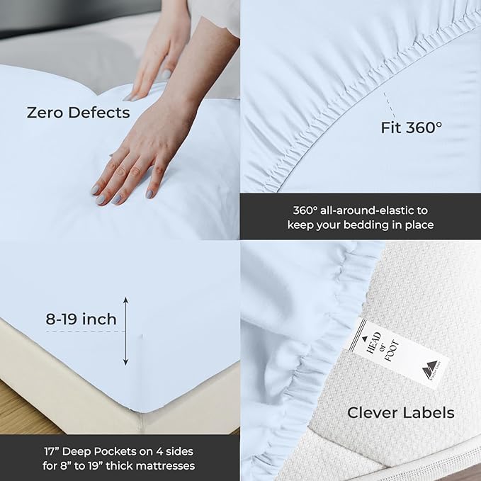 Mayfair Linen 100% Egyptian Cotton Queen Sheets Set - 2000 Series Luxury Sheets Queen Size Bed Set, Soft & Cooling, Sateen Weave 17" Extra Deep Pocket Hotel Collection Sheet (4 Pc, Light Blue)