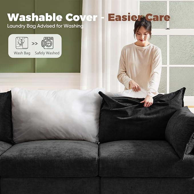 ABCASA Oversized Loveseat Sofa, Modern Modular Sectional Couch Black Fluffy Chenille Mid Century 2-Seat 24.5" Deep Seat for Apartment, Living Room, Bedroom