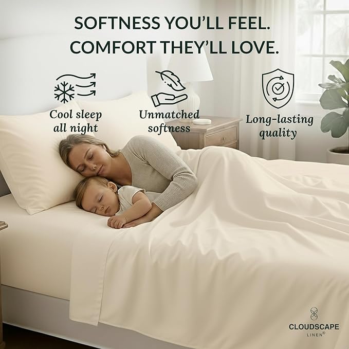 Cloud Scape Linen 100% Egyptian Cotton Sheets Full Size, 4 Pieces Luxury Bedding Set, 400 Thread Count,Hotel Quality, Silky Soft, Deep Pockets up to 17, Ivory