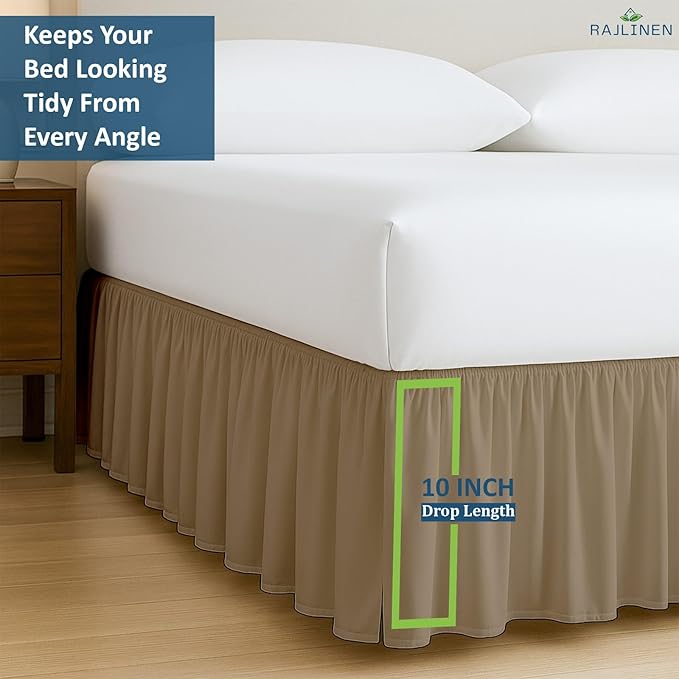 Rajlinen Ruffled Bed Skirt Twin XL, 10 Inch Drop Dust Ruffle with Split Corners, 100% Microfiber Bedskirt with Platform, Three-Sided Coverage Ruffled Gathering Design, Taupe