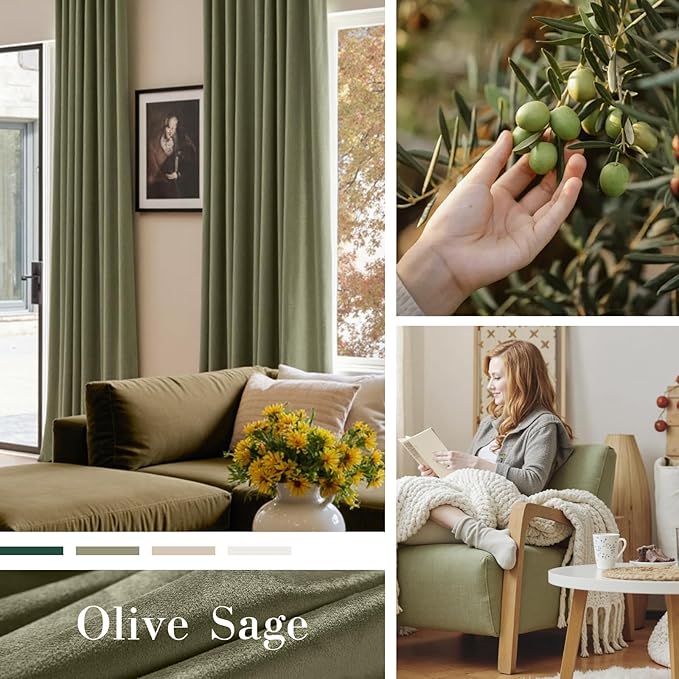 Lazzzy Velvet Blackout Curtains Green 90 Inch Long Thermal Insulated Curtain Heavy Duty Drapes Room Darkening Blackout Curtains Bedroom Window Treatment Set of 2 Panels Rod Pocket Sage