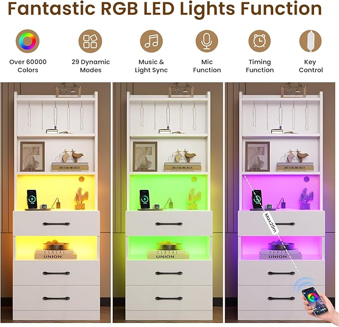 VIAGDO Tall Nightstand Set of 2 with Charging Station and LED Lights, White Night Stand Set 2 with Bookshelf, Modern LED Bedside Tables with 3 Drawers and Storage Shelves, Side Tables for Bedrooms