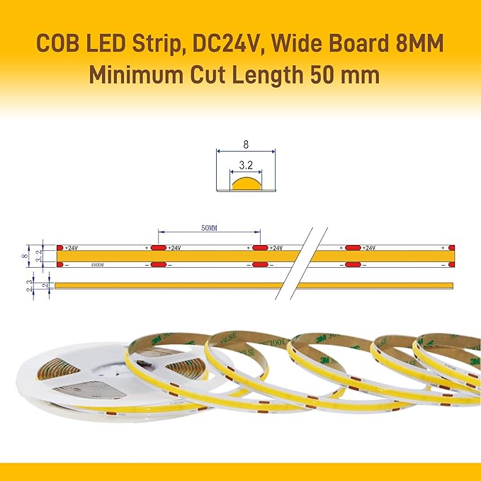 COB LED Strip Lights Natural White,24V Dimmable led Light Strip KIT with Remote and app Control,4000K 9.84FT/3m 8mmwide Ra>90 Cuttable Flexible Strip Lights for Bedroom,Wardrobe,Cabinet