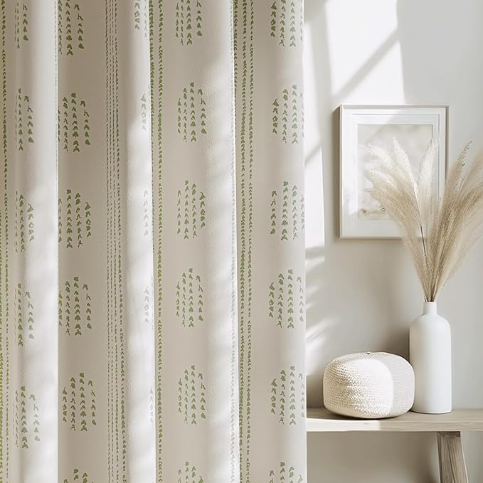 100% Boho Blackout Curtains 96 Inches Long for Bedroom, Green on Beige Patterned Bohemian Curtains for Living Room, Geometric Striped Thermal Insulated Window Drapes Gromment Top 2 Panels